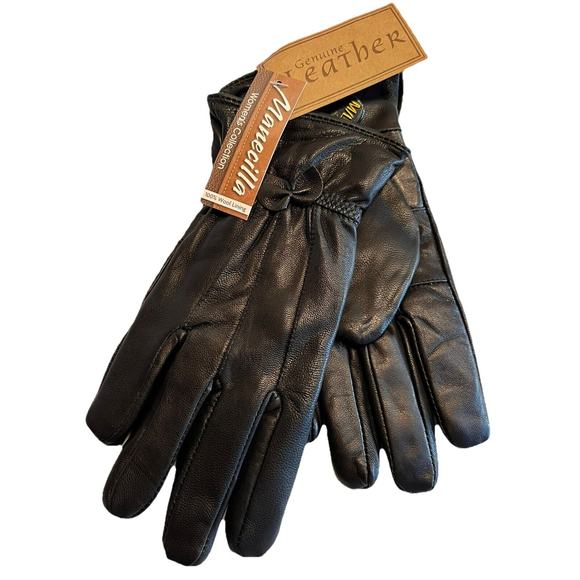 Womens Genuine Sheepskin Leather Gloves w 100% Wool Lining Black W Bow Sz M/L - Picture 1 of 9